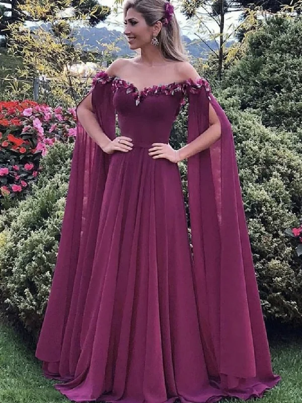 Elegant Long Sleeves Purple Chiffon Floral Long Prom Dresses, Purple Floral Formal Evening Graduation Dresses Elegant Long Sleeves Purple Chiffon Floral Long Prom Dresses, Purple Floral Formal Evening Graduation Dresses