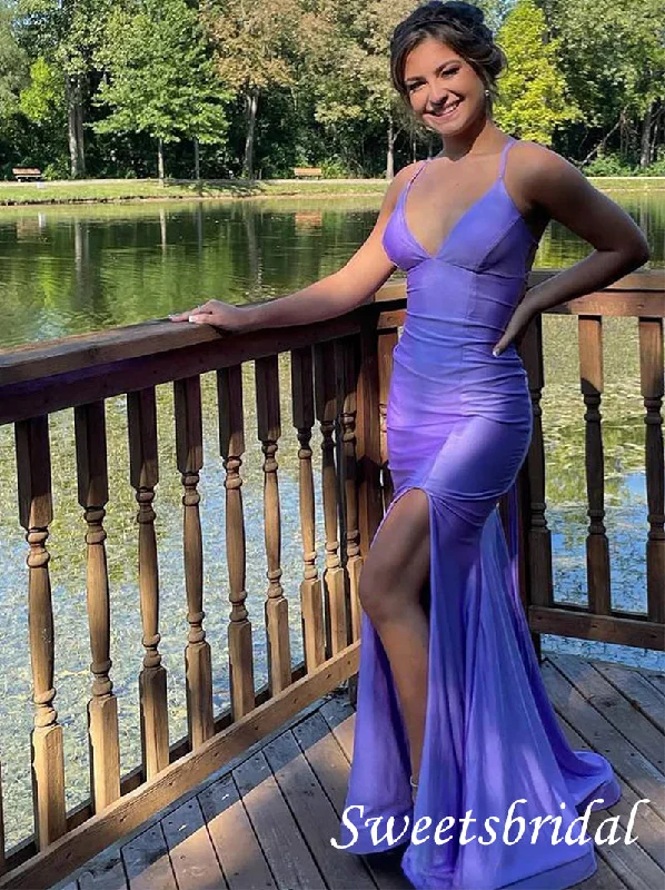 Purple V-neck Sleeveless Side Slit Mermaid Floor Length Prom Dress,SWS2544