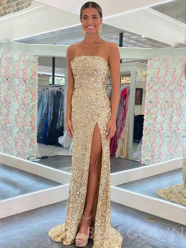 Gold Sequin Strapless Long Mermaid Evening Prom Dresses, Cheap Custom Prom Dresses, MR7854 Gold Sequin Strapless Long Mermaid Evening Prom Dresses, Cheap Custom Prom Dresses, MR7854