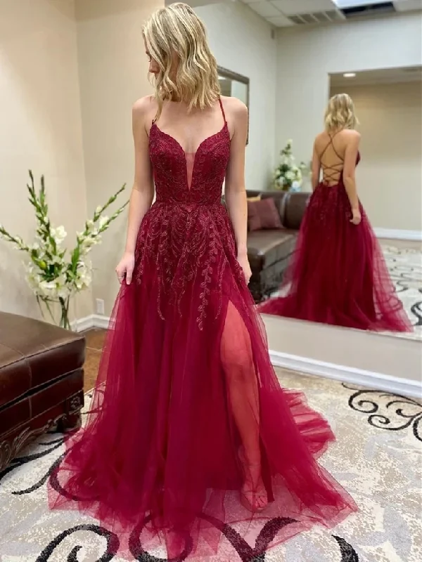 V Neck Burgundy Lace Backless Long Prom Dresses with Leg Slit, Backless Burgundy Lace Formal Dresses, Burgundy Lace Backless Evening Dresses V Neck Burgundy Lace Backless Long Prom Dresses with Leg Slit, Backless Burgundy Lace Formal Dresses, Burgundy Lace Backless Evening Dresses