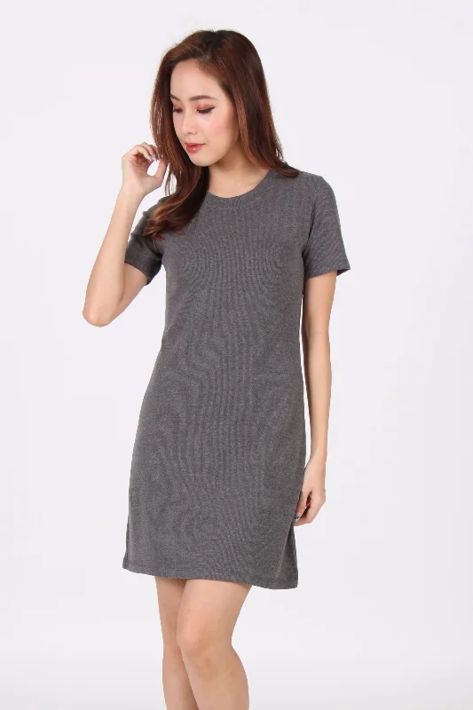 Basic Everyday Comfy Tee Dress in Dark Grey