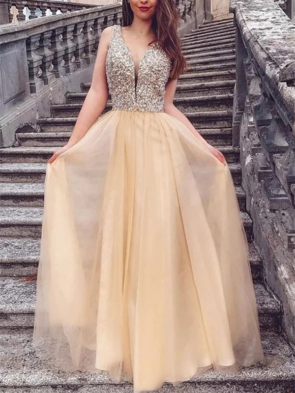 A Line V Neck Sequins Champagne Long Tulle Prom Dresses, Champagne Tulle Formal Evening Graduation Dresses A Line V Neck Sequins Champagne Long Tulle Prom Dresses, Champagne Tulle Formal Evening Graduation Dresses