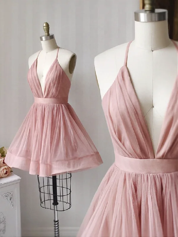 A Line V Neck Pink Tulle Short Prom Dresses, Short Pink Tulle Formal Evening Homecoming Dresses A Line V Neck Pink Tulle Short Prom Dresses, Short Pink Tulle Formal Evening Homecoming Dresses