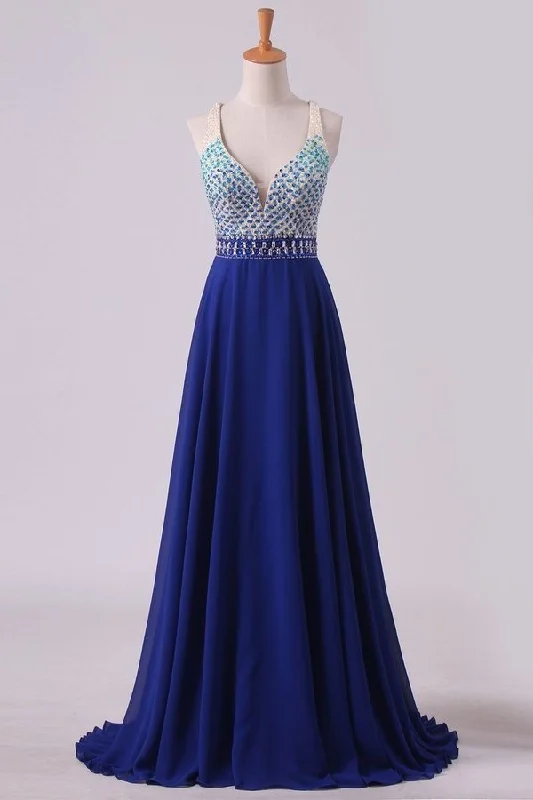 2024 Prom Dresses V Neck Beaded Bodice A Line Open Back Dark Royal Blue Chiffon PGY13NB4 2024 Prom Dresses V Neck Beaded Bodice A Line Open Back Dark Royal Blue Chiffon PGY13NB4