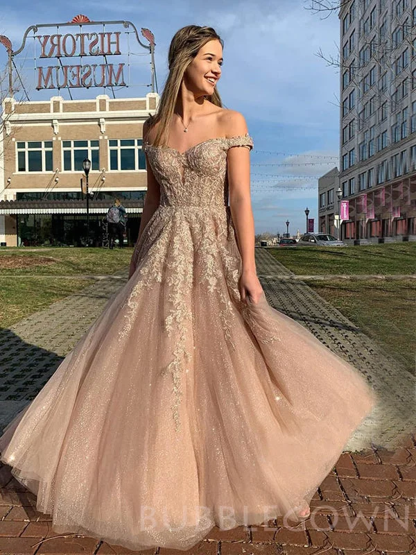 Off Sholder Tulle Appliques Lace A-line Long Sparkly Evening Prom Dresses, Cheap Custom Prom Dresses, MR7923 Off Sholder Tulle Appliques Lace A-line Long Sparkly Evening Prom Dresses, Cheap Custom Prom Dresses, MR7923