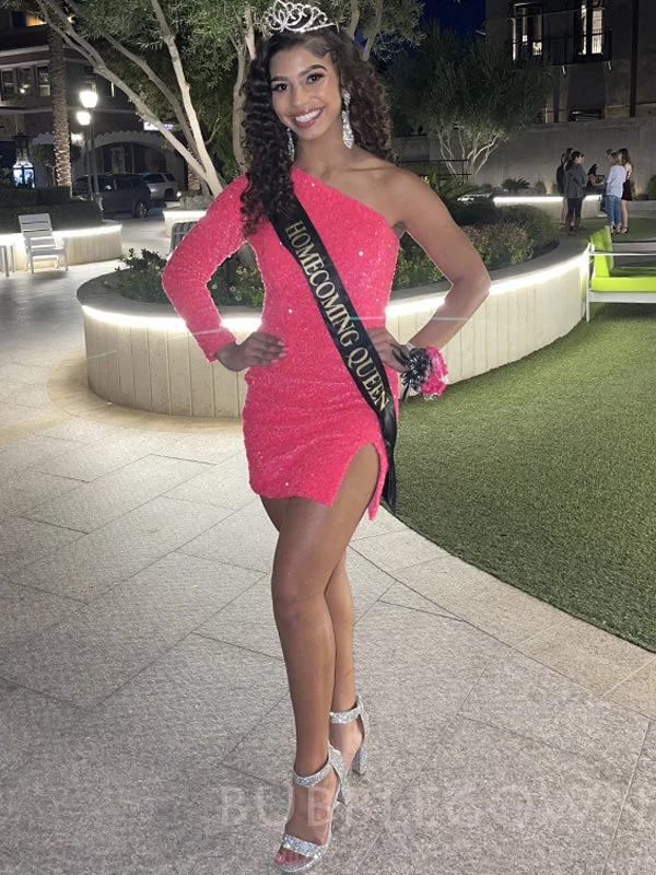 One Shoulder Long Sleeves Hot Pink Sequin Short Evening Prom Dresses, Homecoming Dresses, MR7807 One Shoulder Long Sleeves Hot Pink Sequin Short Evening Prom Dresses, Homecoming Dresses, MR7807