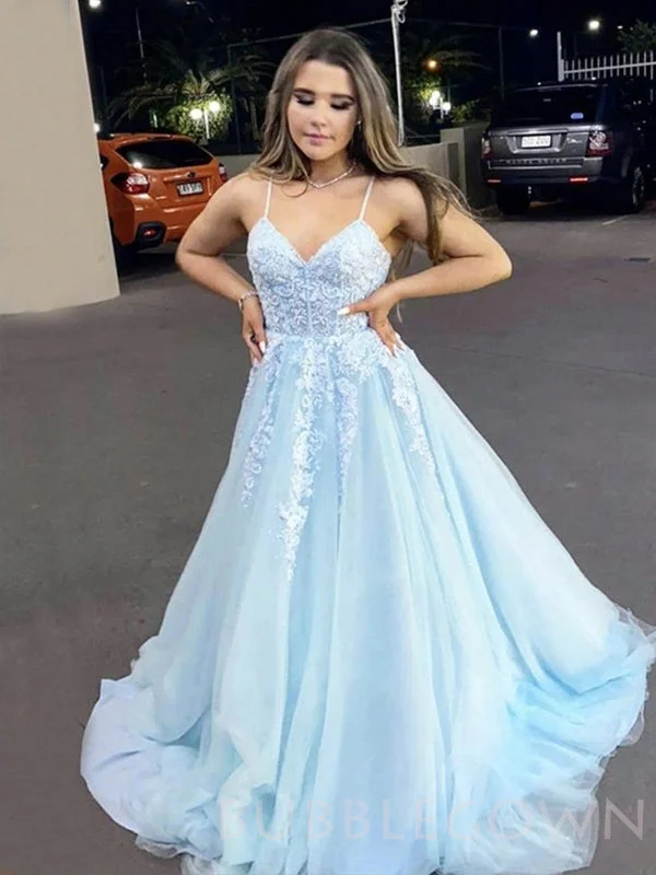 Sky Blue Tulle A-line Spaghetti Straps Appliques Lace Long Evening Prom Dresses, MR7897 Sky Blue Tulle A-line Spaghetti Straps Appliques Lace Long Evening Prom Dresses, MR7897