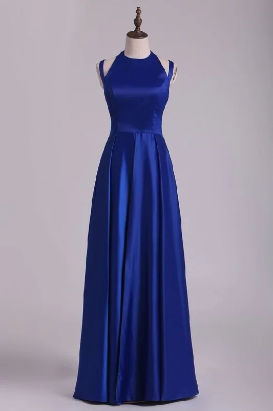2024 Scoop Prom Dresses A Line Open Back Stretch Satin With Slit PKM2DQF1