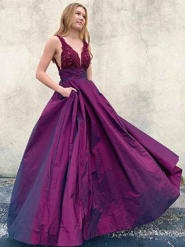 V Neck Purple Lace Open Back Long Prom Dresses with Pockets, Backless Purple Lace Formal Evening Dresses V Neck Purple Lace Open Back Long Prom Dresses with Pockets, Backless Purple Lace Formal Evening Dresses
