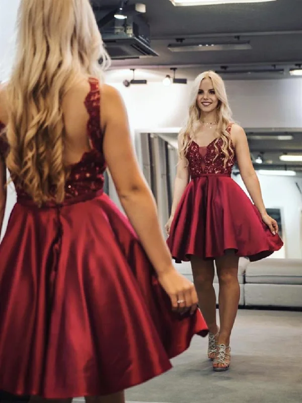 A Line V Neck Short Burgundy Lace Prom Dresses, Wine Red Short Lace Formal Evening Graduation Dresses A Line V Neck Short Burgundy Lace Prom Dresses, Wine Red Short Lace Formal Evening Graduation Dresses