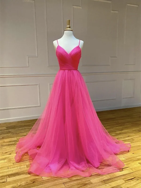 V Neck Hot Pink Tulle Long Prom Dresses, Backless Hot Pink Tulle Formal Evening Graduation Dresses V Neck Hot Pink Tulle Long Prom Dresses, Backless Hot Pink Tulle Formal Evening Graduation Dresses