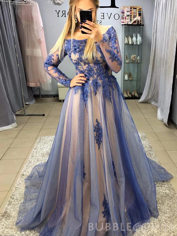 Off Shoulder A-line Blue Tulle Appliques Long Evening Prom Dresses, Cheap Custom Prom Dresses, MR7960 Off Shoulder A-line Blue Tulle Appliques Long Evening Prom Dresses, Cheap Custom Prom Dresses, MR7960