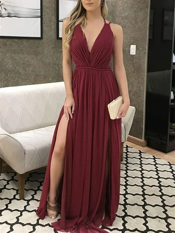A Line Burgundy Chiffon Long Prom Dresses With Slit, Burgundy Chiffon Long Formal Evening Dresses A Line Burgundy Chiffon Long Prom Dresses With Slit, Burgundy Chiffon Long Formal Evening Dresses