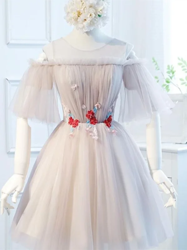 A Line Round Neck Half Sleeves Tulle Short Prom Dresses With Appliques, 3 D Flower Short Half Sleeves Formal Graduation Homecoming Dressses A Line Round Neck Half Sleeves Tulle Short Prom Dresses With Appliques, 3 D Flower Short Half Sleeves Formal Graduation Homecoming Dressses