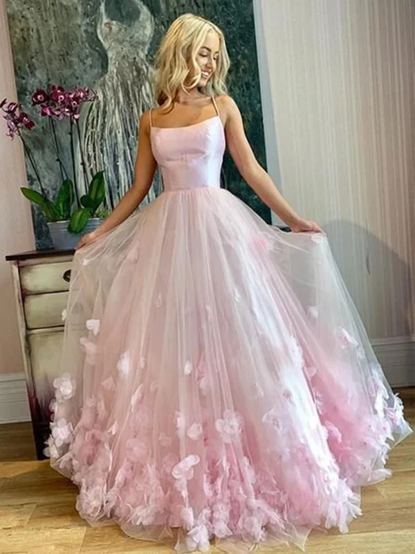 Spaghetti Straps Pink Tulle Floral Long Prom Dresses, Spaghetti Straps Pink Floral Long Formal Evening Dresses Spaghetti Straps Pink Tulle Floral Long Prom Dresses, Spaghetti Straps Pink Floral Long Formal Evening Dresses