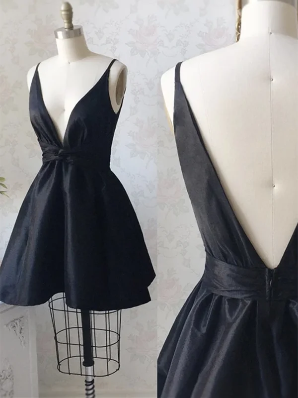 Deep V Neck Black satin short prom dresses, Short Black Homecoming Dresses, Open Back Formal Evening Graduation Dresses Deep V Neck Black satin short prom dresses, Short Black Homecoming Dresses, Open Back Formal Evening Graduation Dresses