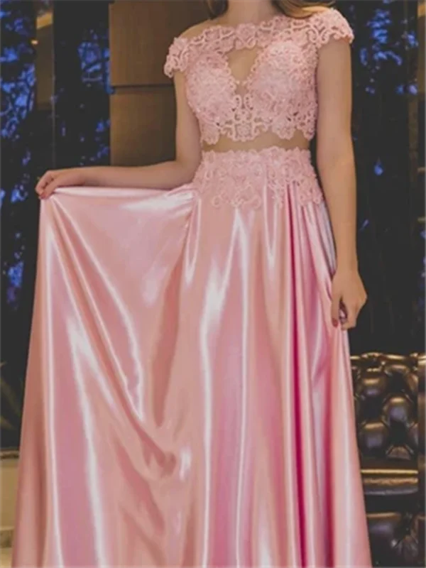 A Line 2 Pieces Pink Sexy Open Back Formal Party Prom Gowns, Cap Sleeves Lace Two Pieces Lace Pink Evening Dresses A Line 2 Pieces Pink Sexy Open Back Formal Party Prom Gowns, Cap Sleeves Lace Two Pieces Lace Pink Evening Dresses