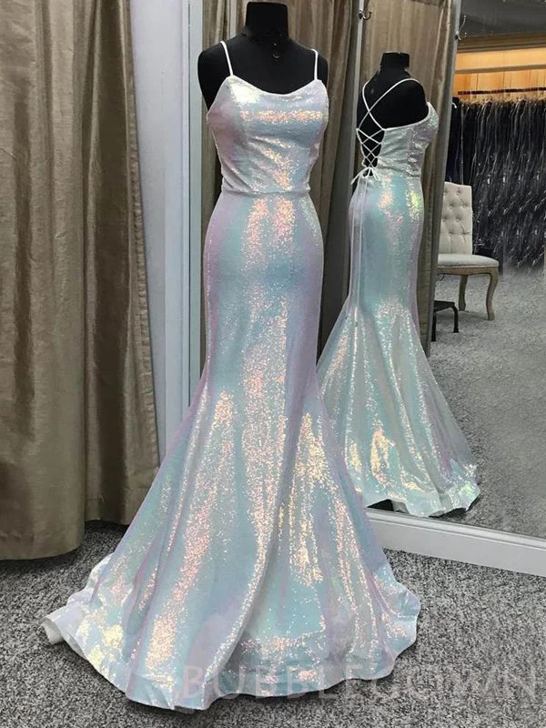 White Sequin Spaghetti Straps Long Mermaid Evening Prom Dresses, Cheap Custom Prom Dresses, MR7889 White Sequin Spaghetti Straps Long Mermaid Evening Prom Dresses, Cheap Custom Prom Dresses, MR7889