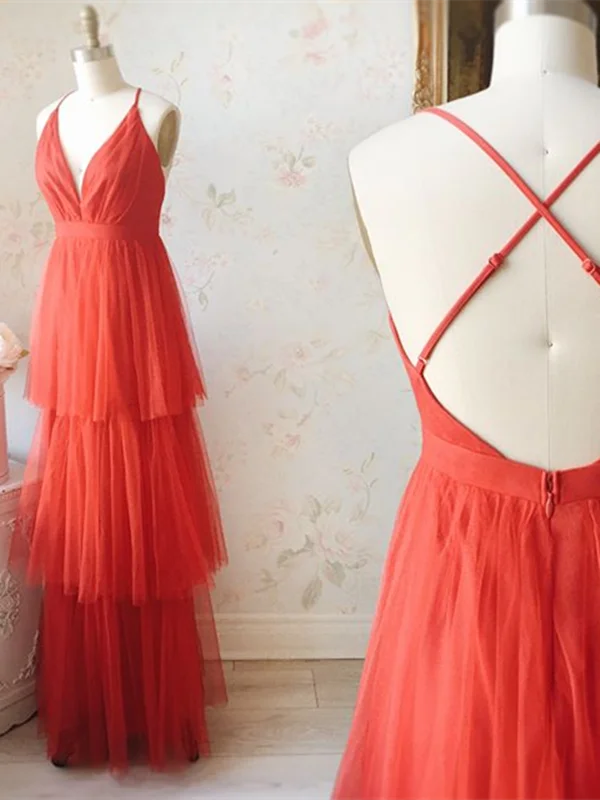 V Neck Orange Red Backless Tulle Prom Dresses, Backless Orange Red Formal Evening Dresses V Neck Orange Red Backless Tulle Prom Dresses, Backless Orange Red Formal Evening Dresses
