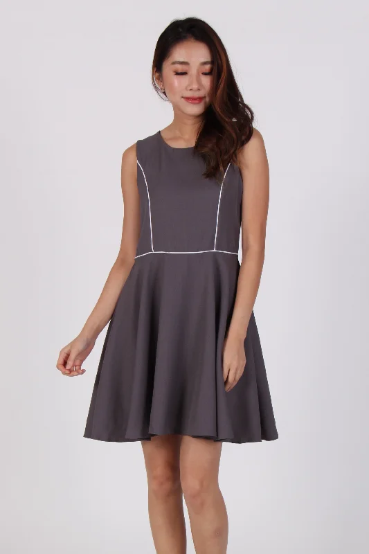 Contrast Line Skater Dress in Grey