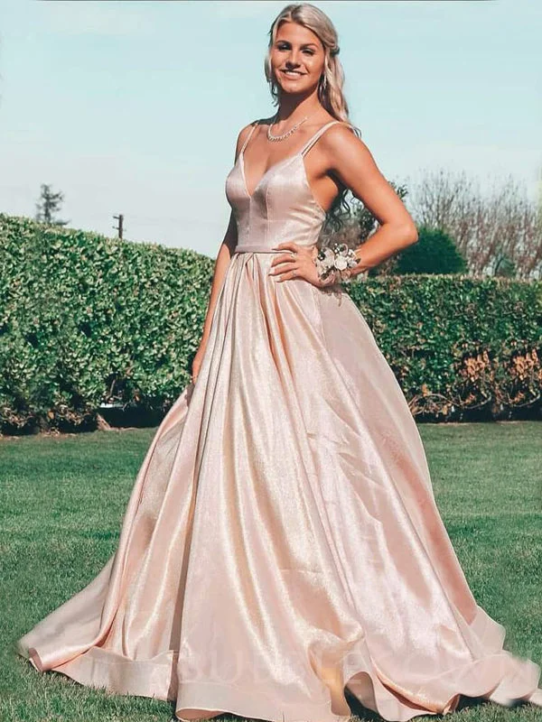 Champagne A-Line Sparkle Spaghetti Straps V Neck Long Evening Prom Dresses, Cheap Custom Prom Dresses, MR7824 Champagne A-Line Sparkle Spaghetti Straps V Neck Long Evening Prom Dresses, Cheap Custom Prom Dresses, MR7824