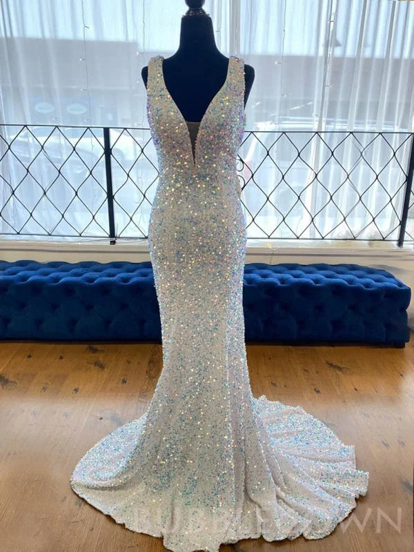 Backless Mermaid White Sequin Deep V-neck Long Evening Prom Dresses, Cheap Custom Prom Dresses, MR7956 Backless Mermaid White Sequin Deep V-neck Long Evening Prom Dresses, Cheap Custom Prom Dresses, MR7956