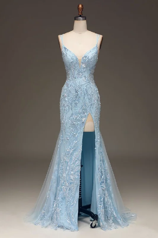 Blue Tulle Mermaid Prom Dress with Sequins Y6701
