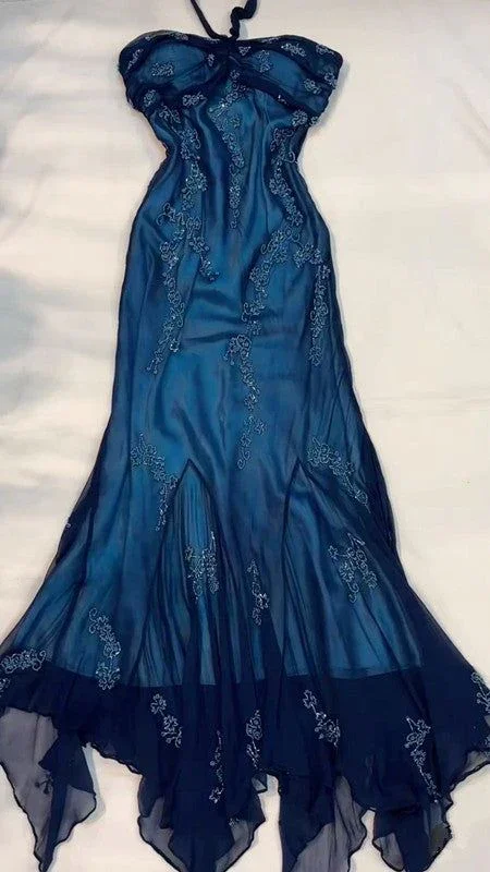 Vintage Halter Beaed Navy Blue Chiffon Mermaid Prom Dress Long Party Evening Dress Y7504 Vintage Halter Beaed Navy Blue Chiffon Mermaid Prom Dress Long Party Evening Dress Y7504
