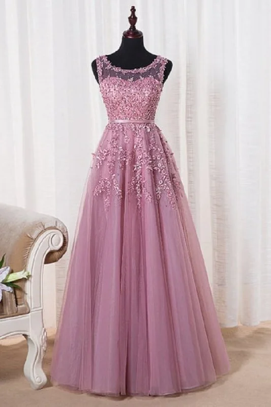 2024 Scoop A Line Prom Dresses A Line Tulle With Applique PYY8LQEZ