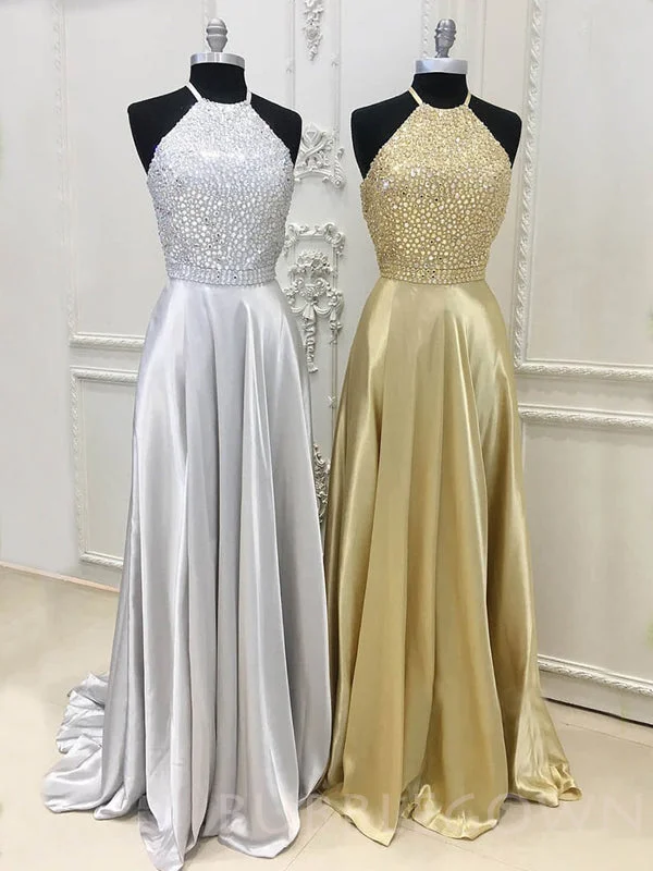 A-line Gold/silver Satin Beaded Halter Long Evening Prom Dresses, Cheap Custom prom dresses, MR7935 A-line Gold/silver Satin Beaded Halter Long Evening Prom Dresses, Cheap Custom prom dresses, MR7935