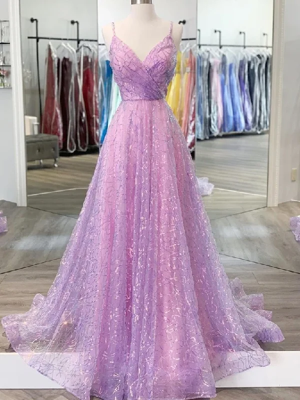 Shiny V Neck Open Back Lilac Prom Dresses with Straps, Backless Purple Formal Evening Dresses Shiny V Neck Open Back Lilac Prom Dresses with Straps, Backless Purple Formal Evening Dresses