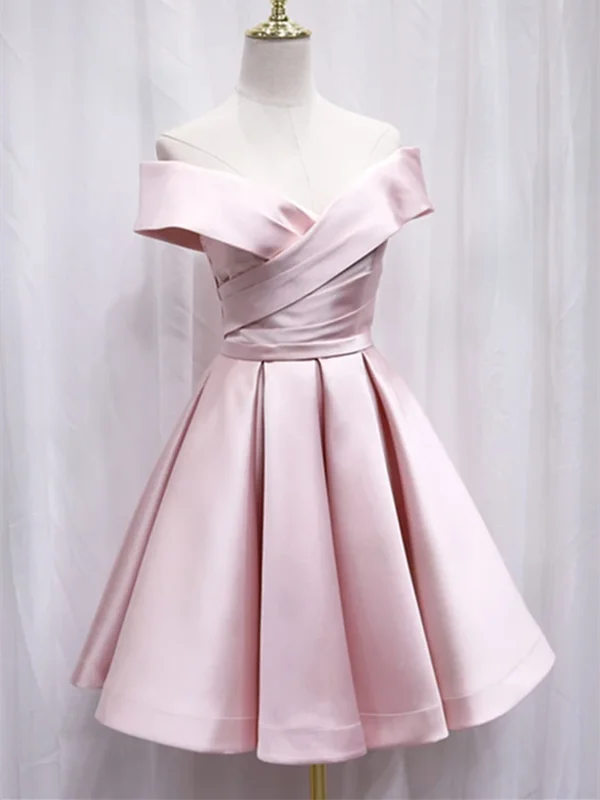 Off Shoulder Pink Satin Short Prom Dresses, Pink Off The Shoulder Short Graduation Homecoming Dresses, Short Pink Formal Evening Dresses Off Shoulder Pink Satin Short Prom Dresses, Pink Off The Shoulder Short Graduation Homecoming Dresses, Short Pink Formal Evening Dresses