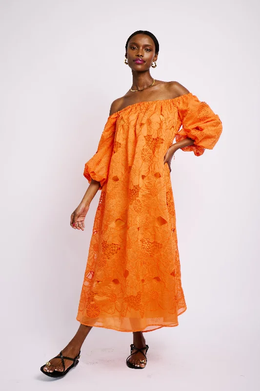 Off the Shoulder Anglaise Dress in Coral