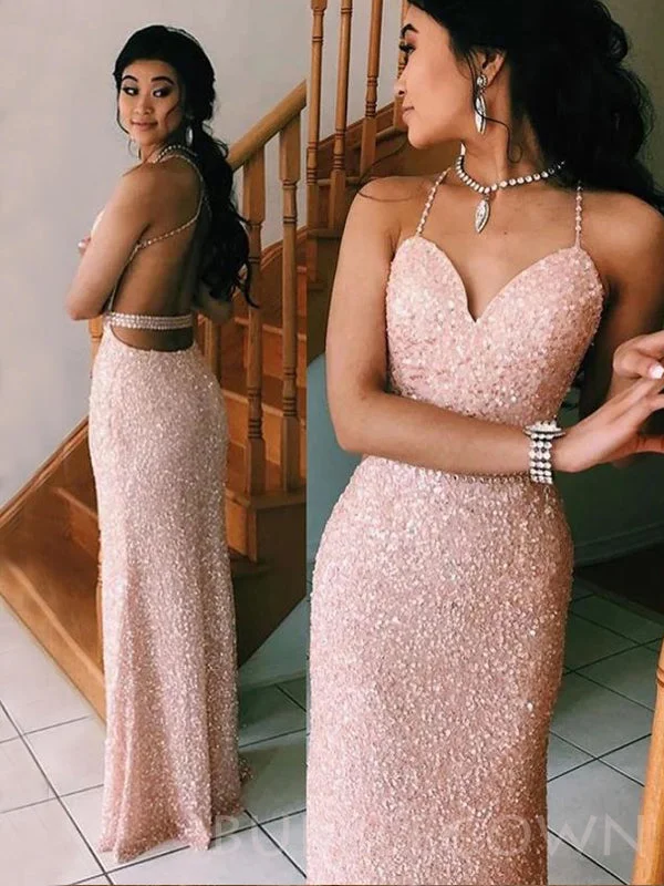 Pink Sequin Mermaid Spaghetti Straps Long Evening Prom Dresses, Cheap Custom Prom Dresses, MR7962 Pink Sequin Mermaid Spaghetti Straps Long Evening Prom Dresses, Cheap Custom Prom Dresses, MR7962