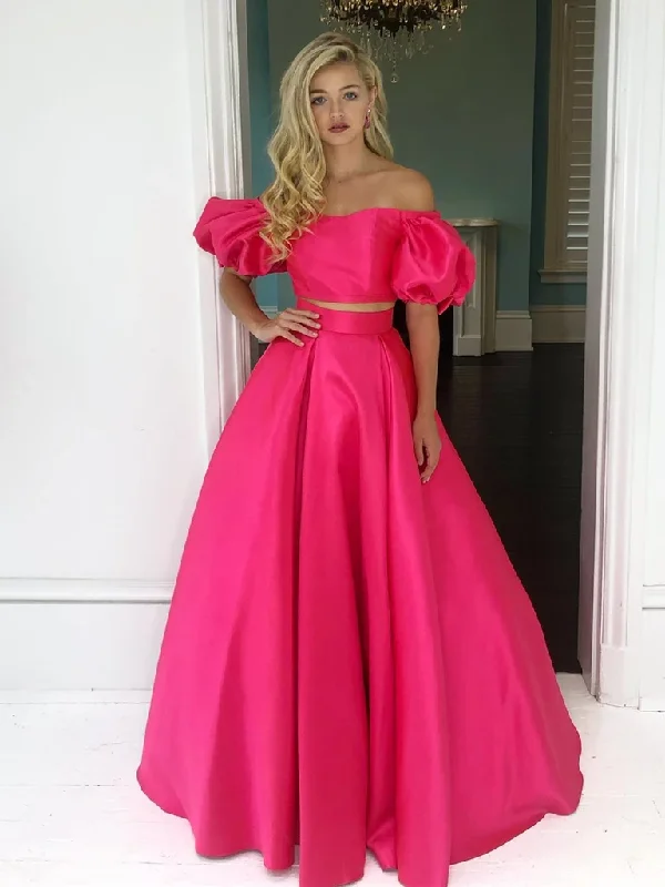Off Shoulder Two Pieces Hot Pink Long Prom Dresses, Off The Shoulder Hot Pink Formal Dresses, Hot Pink Evening Dresses Off Shoulder Two Pieces Hot Pink Long Prom Dresses, Off The Shoulder Hot Pink Formal Dresses, Hot Pink Evening Dresses