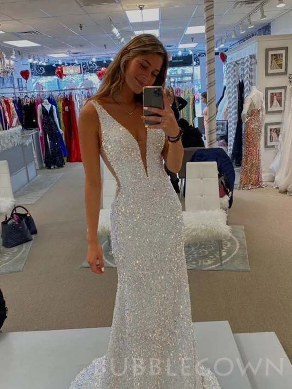 Mermaid Deep V-neck White Sequin Long Evening Prom Dresses, Cheap Custom Prom Dresses, MR7948 Mermaid Deep V-neck White Sequin Long Evening Prom Dresses, Cheap Custom Prom Dresses, MR7948