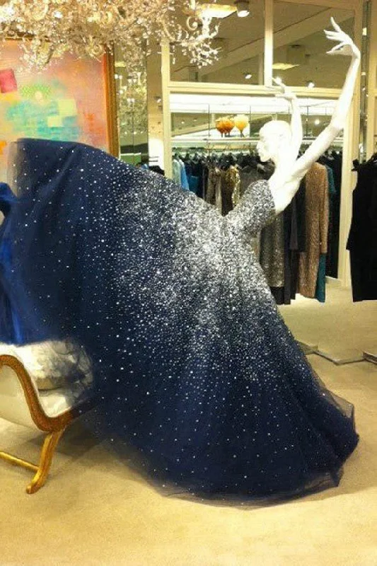 Tulle Heavy Beads Strapless Navy Blue Evening Quinceanera Dress Prom Gowns