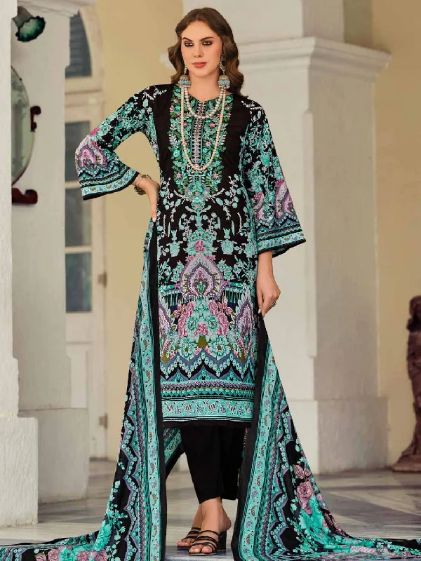 Black Pakistani Print Unstitched Cotton Suit Dress Material with Embroidery