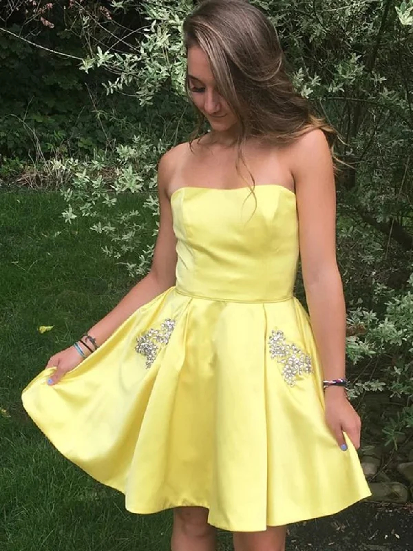 Strapless Short Yellow Prom Dresses with Pockets, Short Yellow Formal Graduation Homecoming Dresses Strapless Short Yellow Prom Dresses with Pockets, Short Yellow Formal Graduation Homecoming Dresses