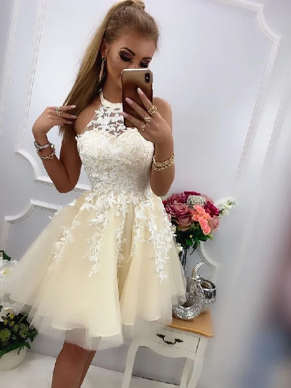 Round Neck Yellow Lace Short Prom Dresses, Yellow Lace Short Homecoming Graduation Evening Dresses Round Neck Yellow Lace Short Prom Dresses, Yellow Lace Short Homecoming Graduation Evening Dresses