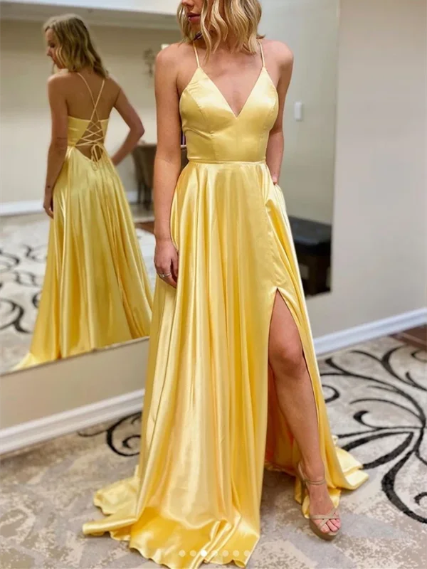 A Line V Neck Long Yellow Satin Prom Dresses with Leg Slit, Long Yellow Satin Formal Evening Dresses A Line V Neck Long Yellow Satin Prom Dresses with Leg Slit, Long Yellow Satin Formal Evening Dresses