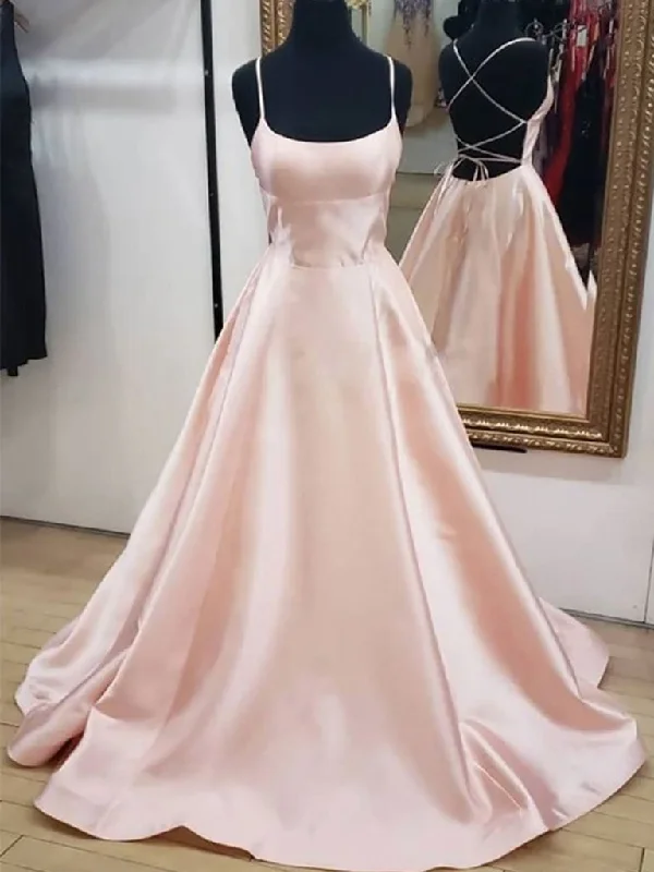 Simple A Line Pink Satin Backless Long Prom Dresses, Open Back Pink Formal Graduation Evening Dresses Simple A Line Pink Satin Backless Long Prom Dresses, Open Back Pink Formal Graduation Evening Dresses