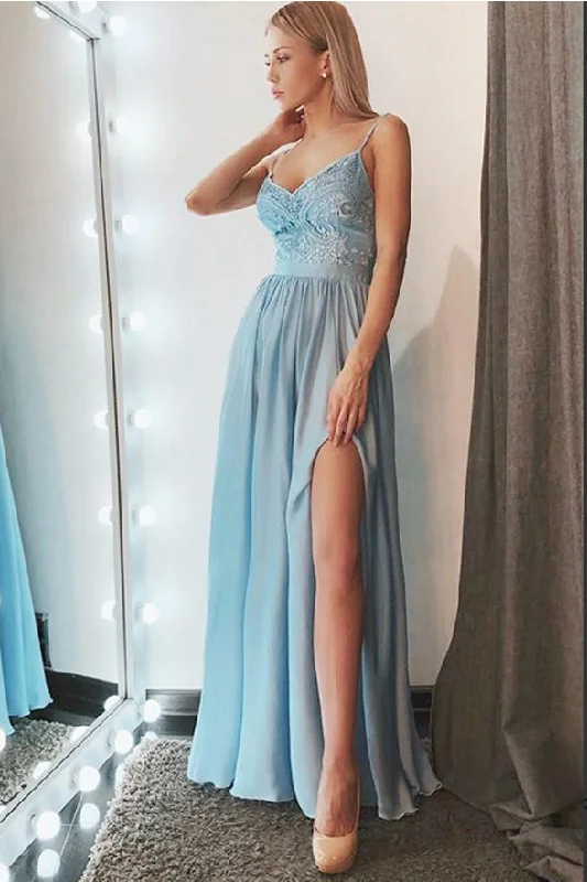 Front Split Spaghetti Straps Light Blue Chiffon Appliques Prom Dresses Evening Dress Gowns Front Split Spaghetti Straps Light Blue Chiffon Appliques Prom Dresses Evening Dress Gowns
