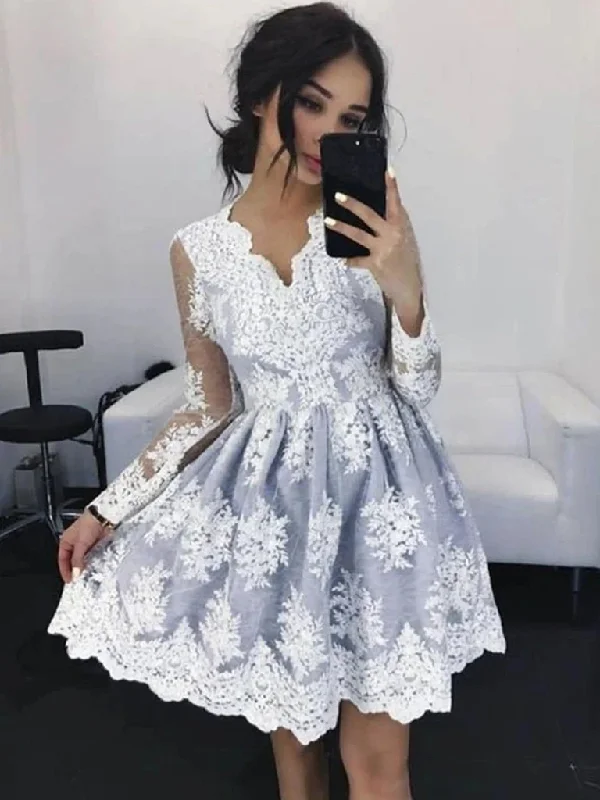 V Neck Gray Long Sleeves Short Lace Prom Dresses, Grey Lace Formal Evening Graduation Homecoming Dresses V Neck Gray Long Sleeves Short Lace Prom Dresses, Grey Lace Formal Evening Graduation Homecoming Dresses