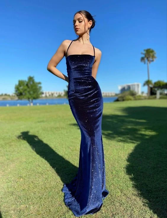 Vintage Spaghetti Straps Navy Blue Velvet Long Mermaid Prom Dress Evening Dress Y7829 Vintage Spaghetti Straps Navy Blue Velvet Long Mermaid Prom Dress Evening Dress Y7829