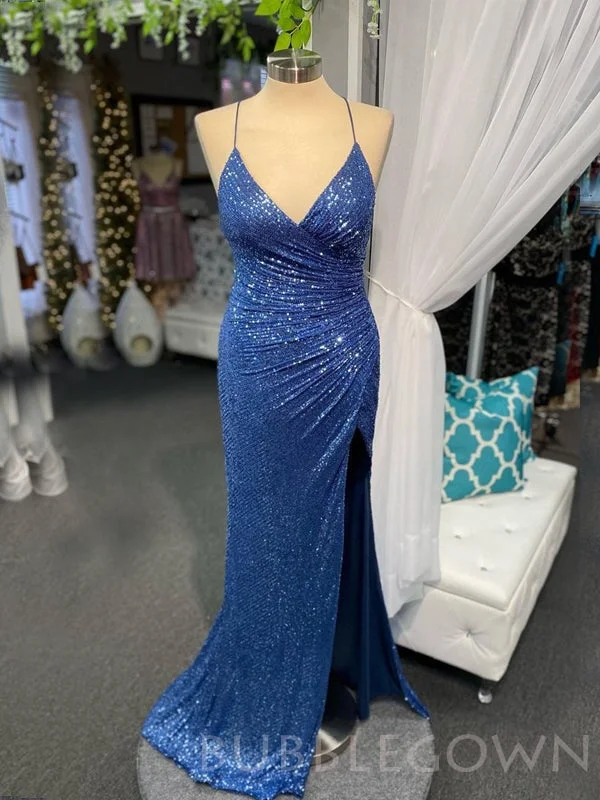 Mermaid Blue Sequin V-neck Long Evening Prom Dresses, Cheap Custom Prom Dresses, MR7976 Mermaid Blue Sequin V-neck Long Evening Prom Dresses, Cheap Custom Prom Dresses, MR7976