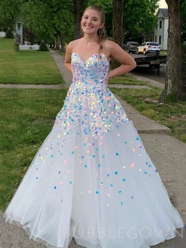 A-line White Tulle Round Sequin Long Strapless Evening Prom Dresses, Cheap Custom Prom Dress, MR7852 A-line White Tulle Round Sequin Long Strapless Evening Prom Dresses, Cheap Custom Prom Dress, MR7852