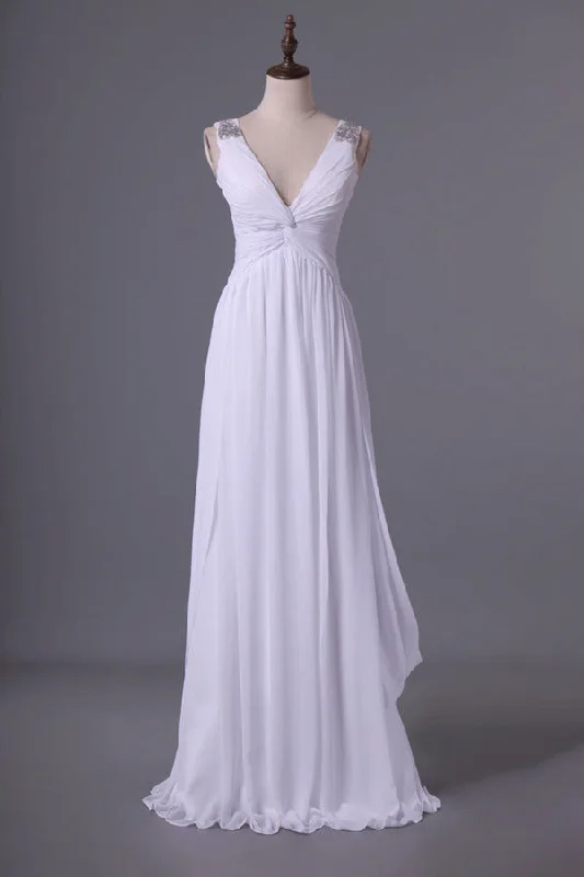 2024 Prom Dresses A Line V Neck Chiffon With Beaded Straps Floor P2E79H6H