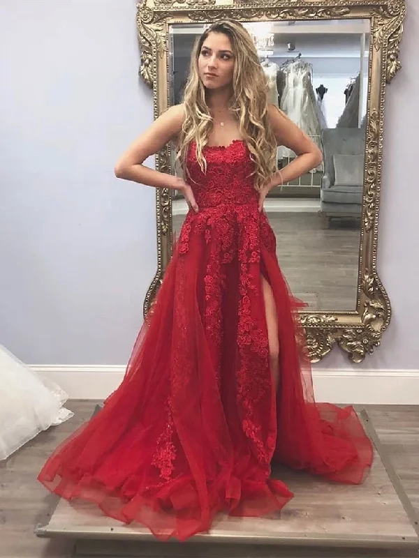 A Line Burgundy Lace Appliques Long Prom Dresses with High Slit, Burgundy Lace Formal Evening Dresses A Line Burgundy Lace Appliques Long Prom Dresses with High Slit, Burgundy Lace Formal Evening Dresses