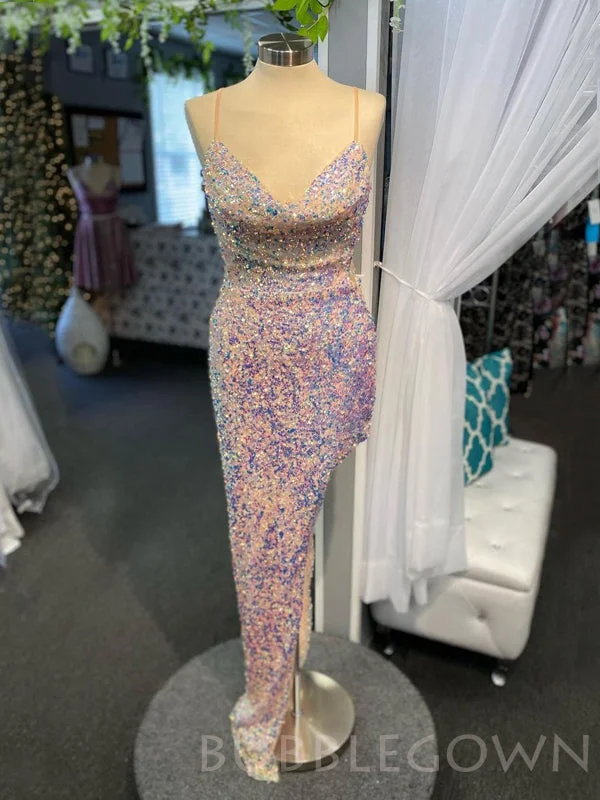Mermaid Sequin Spaghetti Straps Long Evening Prom Dresses, Cheap Custom Prom Dresses, MR7977 Mermaid Sequin Spaghetti Straps Long Evening Prom Dresses, Cheap Custom Prom Dresses, MR7977